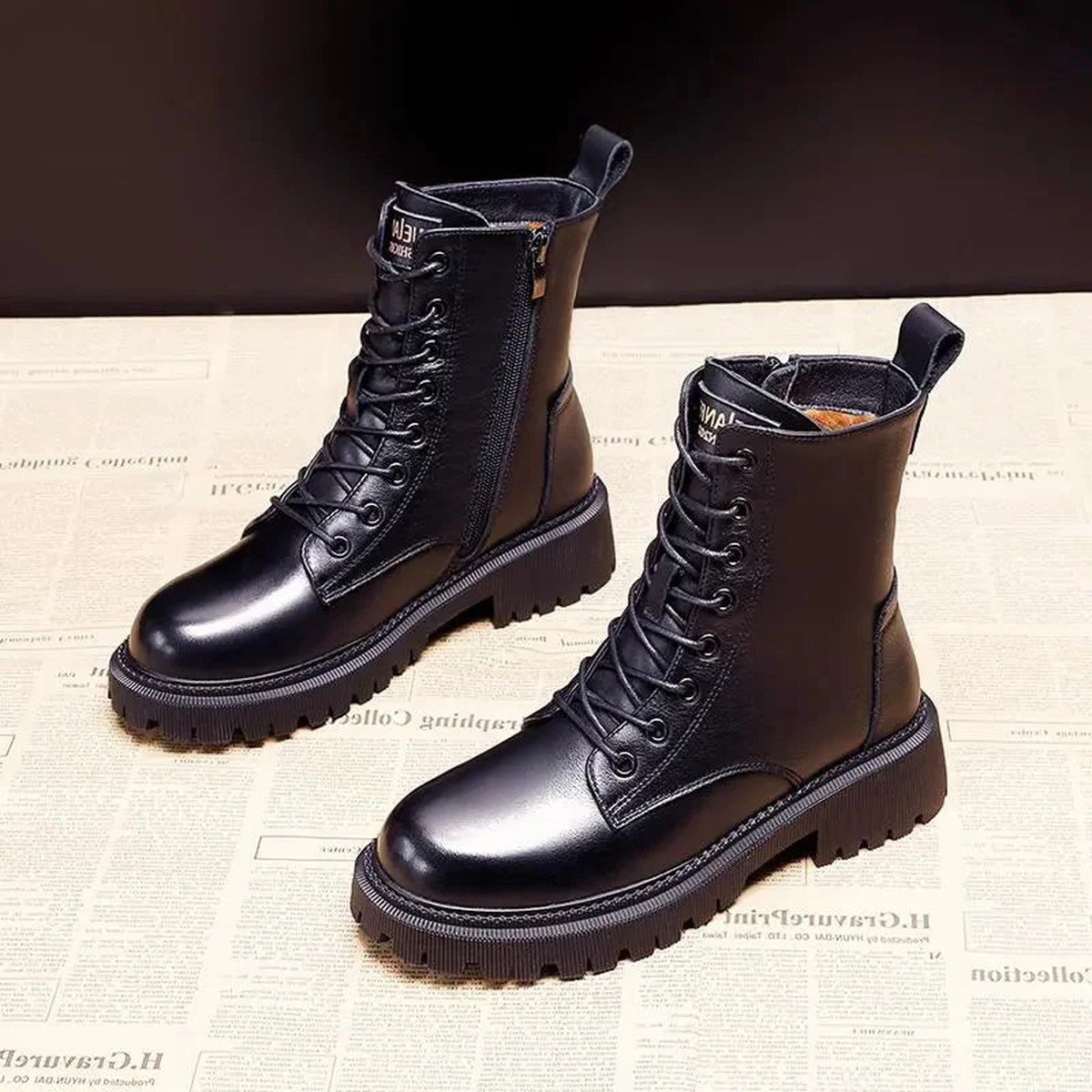 Black Leather Chelsea Boots with Chunky Lug Sole and Elastic Knit Panels