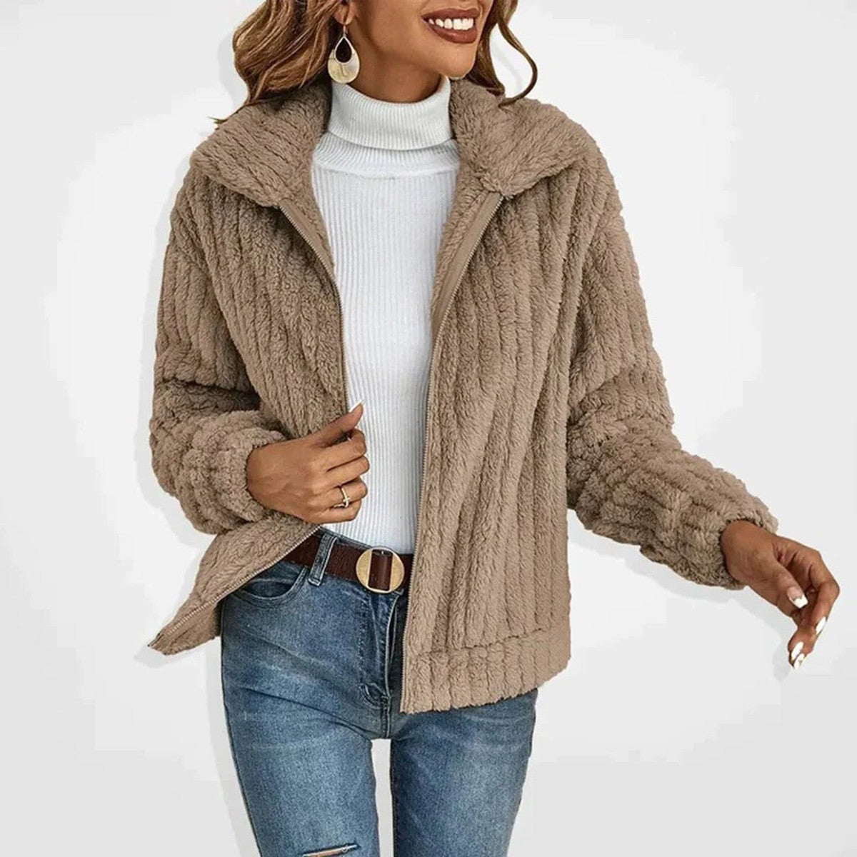 Plush Hooded Longline Fleece Cardigan with Pockets and Button Detail