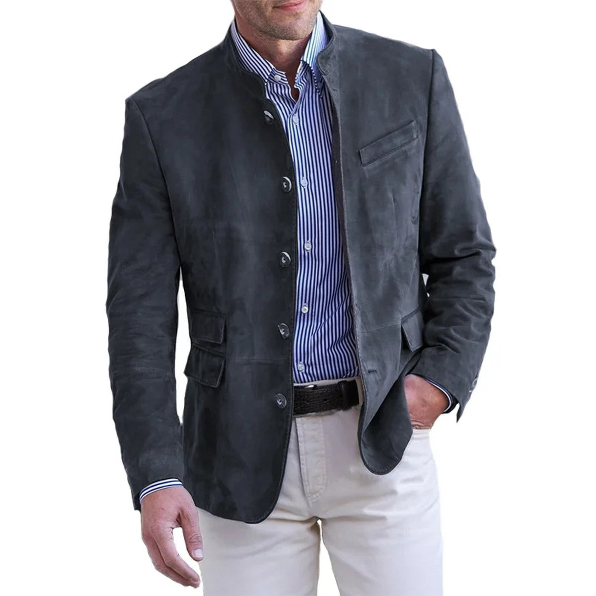 Casual Mens Cotton Twill Trucker Jacket with Button Front and Pockets