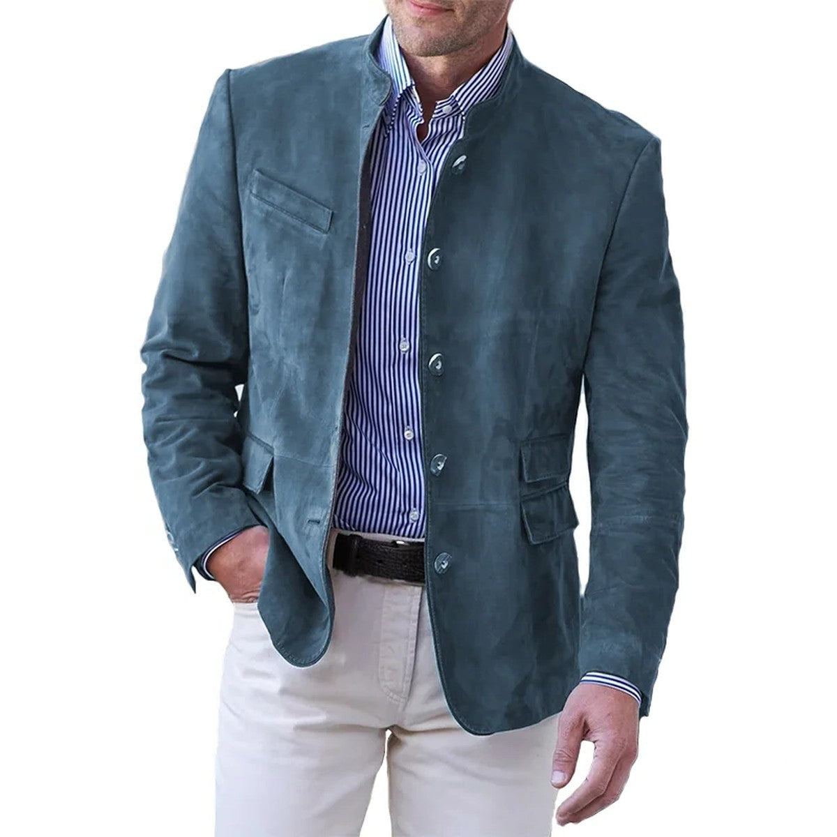 Casual Mens Cotton Twill Trucker Jacket with Button Front and Pockets