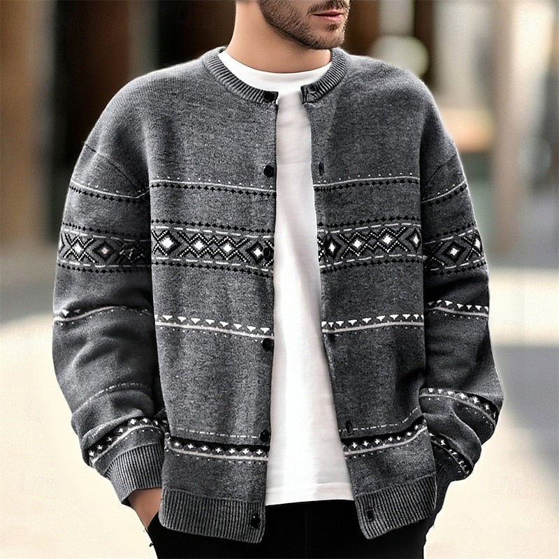Knitted Button Down Cardigan with Reindeer and Snowflake Pattern