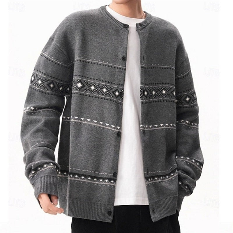 Knitted Button Down Cardigan with Reindeer and Snowflake Pattern