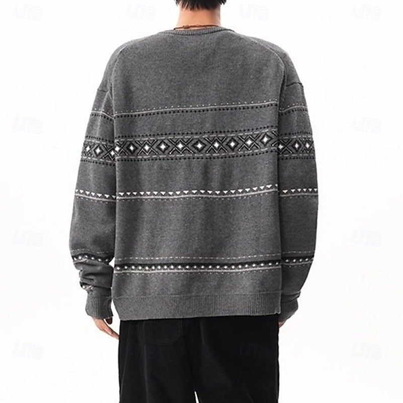 Knitted Button Down Cardigan with Reindeer and Snowflake Pattern