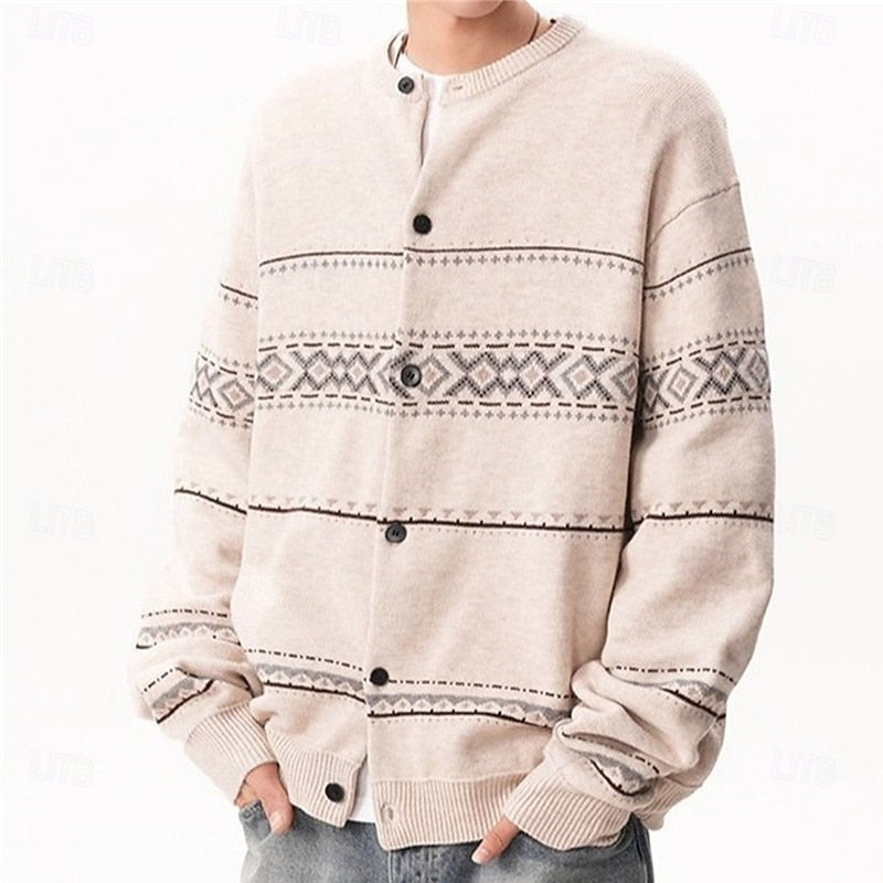Knitted Button Down Cardigan with Reindeer and Snowflake Pattern