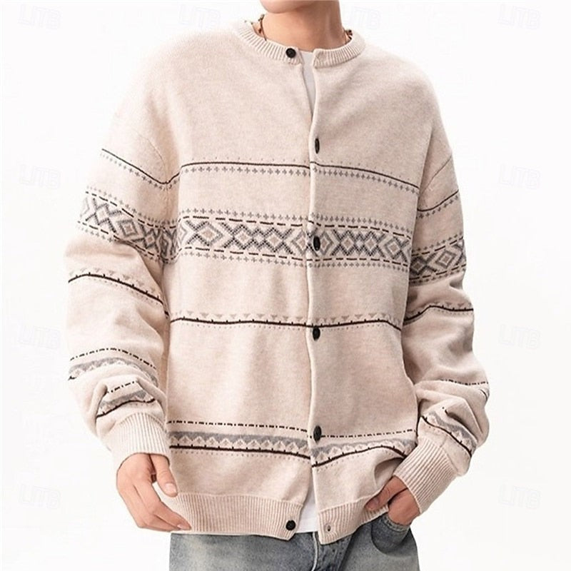 Knitted Button Down Cardigan with Reindeer and Snowflake Pattern
