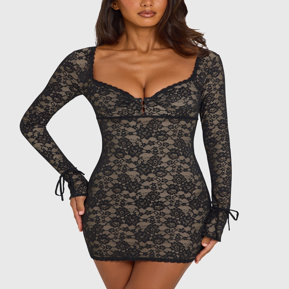Black Lace Cocktail Mini Dress with Long Sheer Sleeves and Plunging Neckline