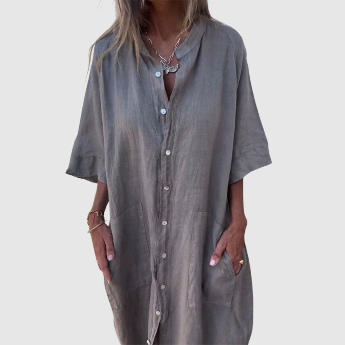 Long Sleeve Button Down Midi Shirt Dress with Turndown Collar and Belted Waist