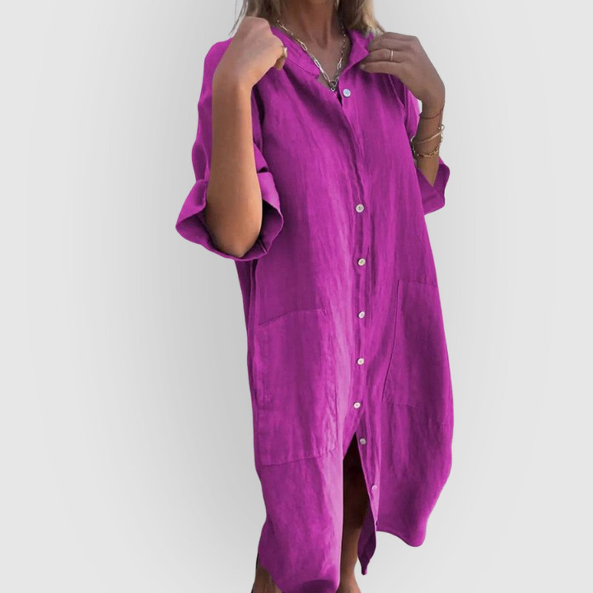 Long Sleeve Button Down Midi Shirt Dress with Turndown Collar and Belted Waist