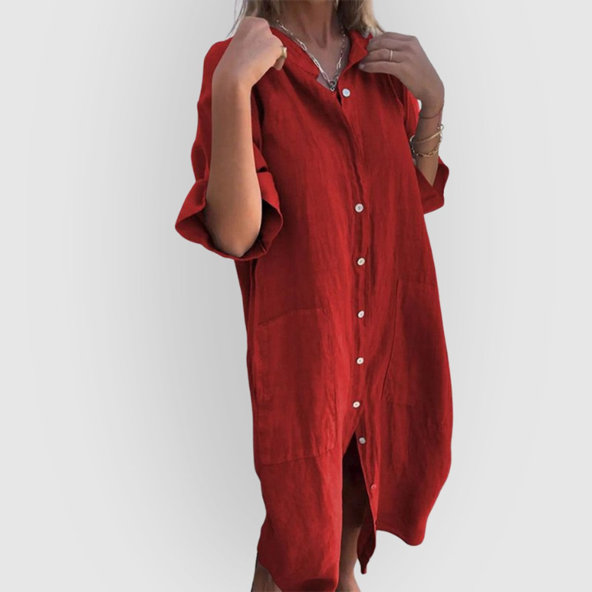 Long Sleeve Button Down Midi Shirt Dress with Turndown Collar and Belted Waist