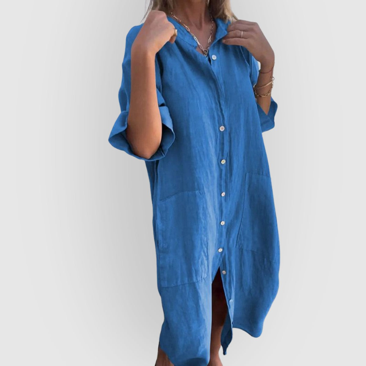Long Sleeve Button Down Midi Shirt Dress with Turndown Collar and Belted Waist