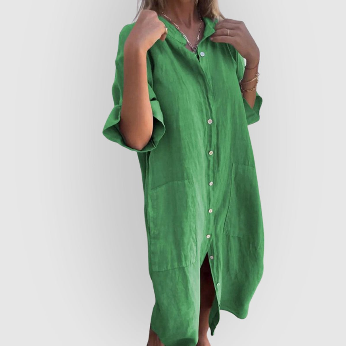 Long Sleeve Button Down Midi Shirt Dress with Turndown Collar and Belted Waist