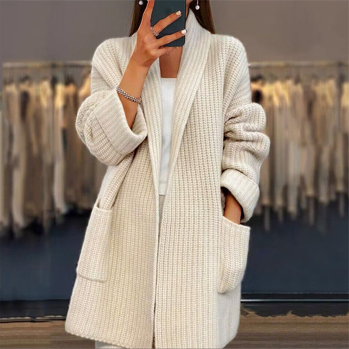 Long Sleeve Chunky Knit Cardigan Sweater with Front Pockets
