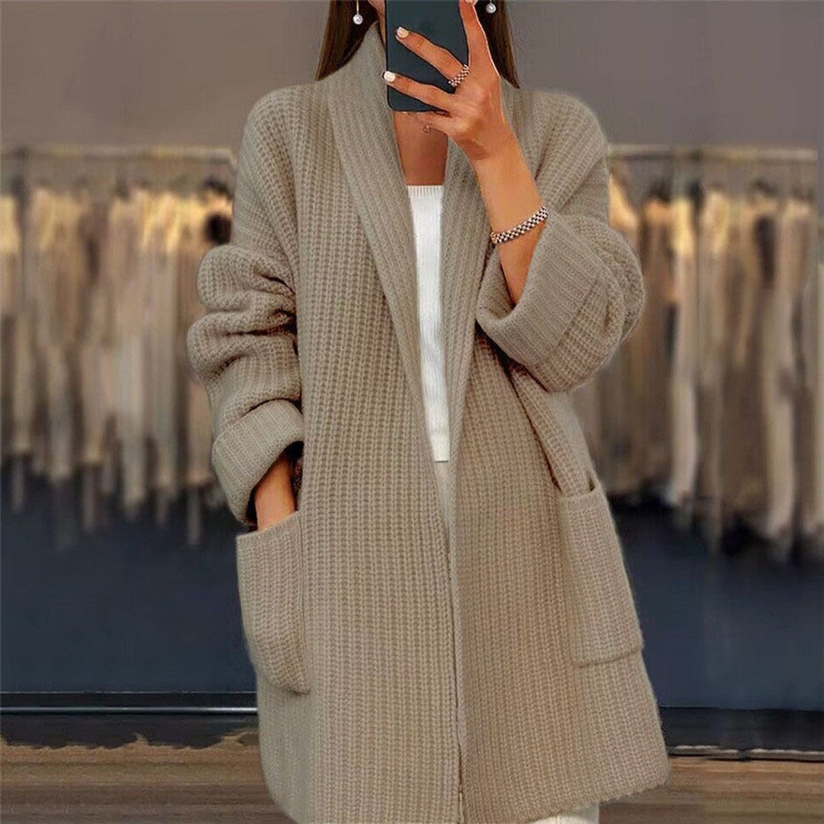Long Sleeve Chunky Knit Cardigan Sweater with Front Pockets