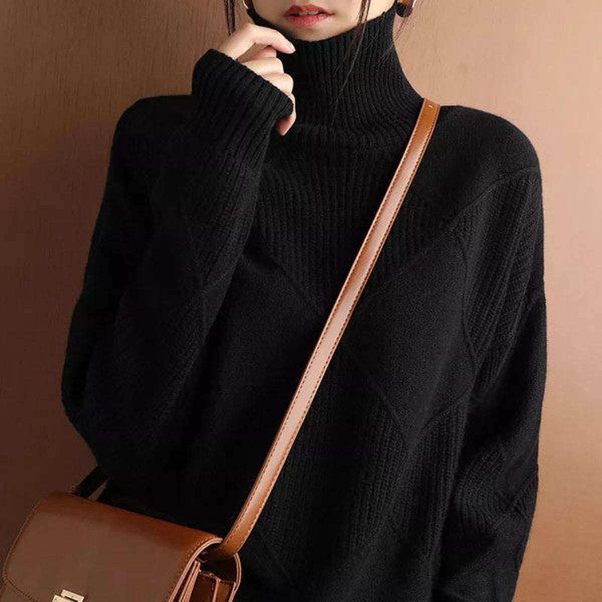 Women Long Sleeve Turtleneck Knit Pullover with Soft Ribbed Neckline and Hem