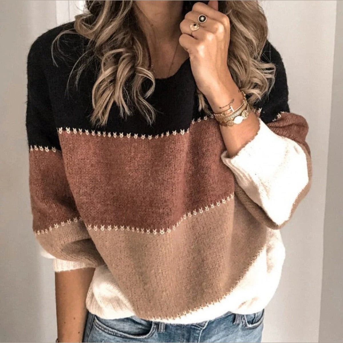 Loose Knit Striped Crewneck Pullover with Long Sleeves
