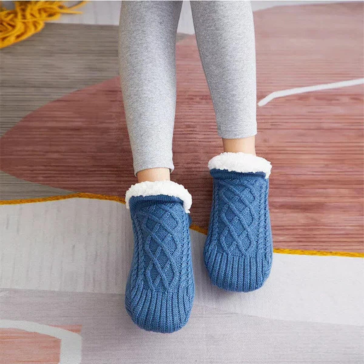 Fleece Lined Slipper Socks with Anti Slip Grippers and Knit Cuff
