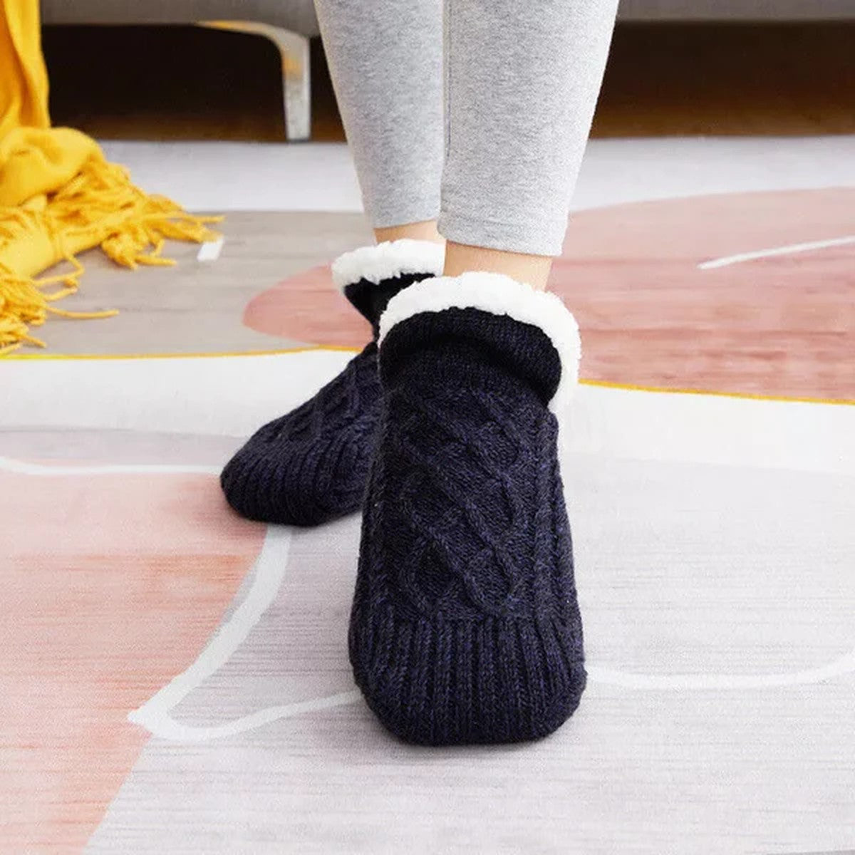 Fleece Lined Slipper Socks with Anti Slip Grippers and Knit Cuff