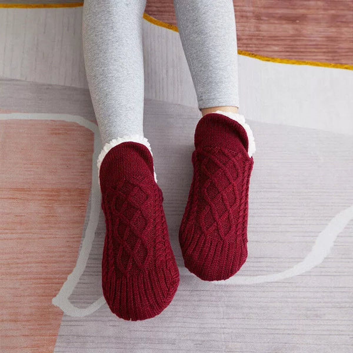 Fleece Lined Slipper Socks with Anti Slip Grippers and Knit Cuff
