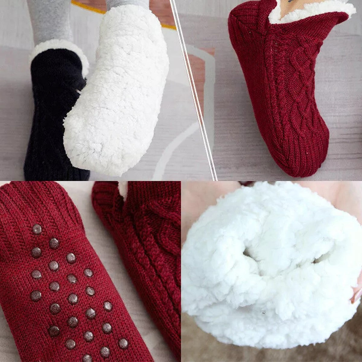 Fleece Lined Slipper Socks with Anti Slip Grippers and Knit Cuff
