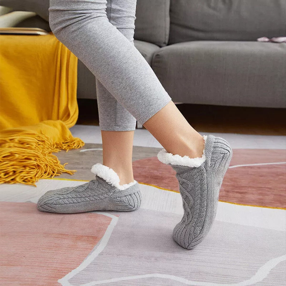 Fleece Lined Slipper Socks with Anti Slip Grippers and Knit Cuff