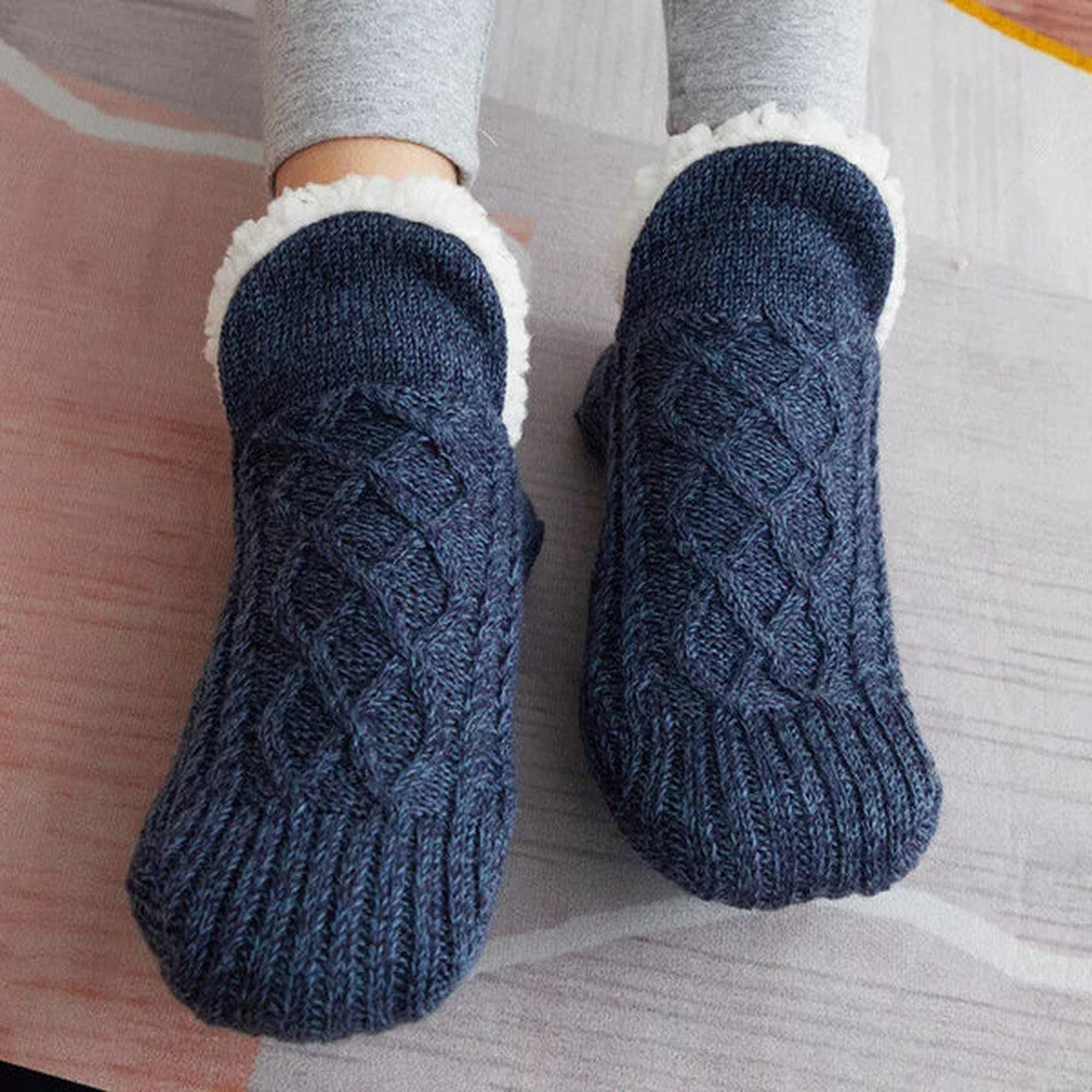 Fleece Lined Slipper Socks with Anti Slip Grippers and Knit Cuff