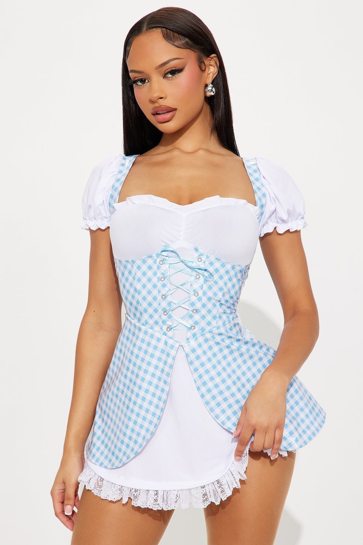 Blue and White Patterned Two Piece Costume Set with Matching Knee High Socks