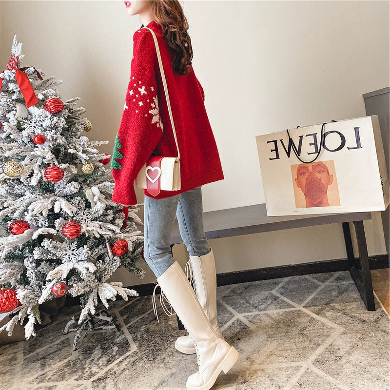 Color Block Winter Knit Sweater with Festive Snowflake Fair Isle Pattern