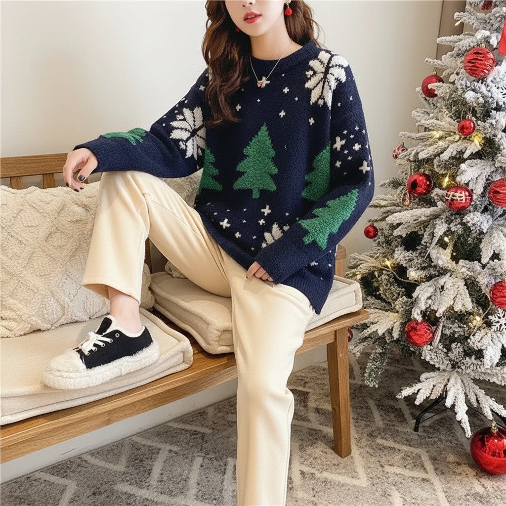 Color Block Winter Knit Sweater with Festive Snowflake Fair Isle Pattern