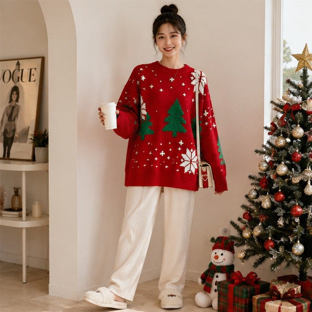 Color Block Winter Knit Sweater with Festive Snowflake Fair Isle Pattern
