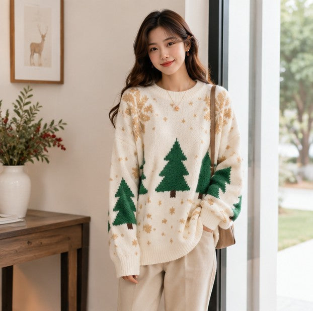 Color Block Winter Knit Sweater with Festive Snowflake Fair Isle Pattern