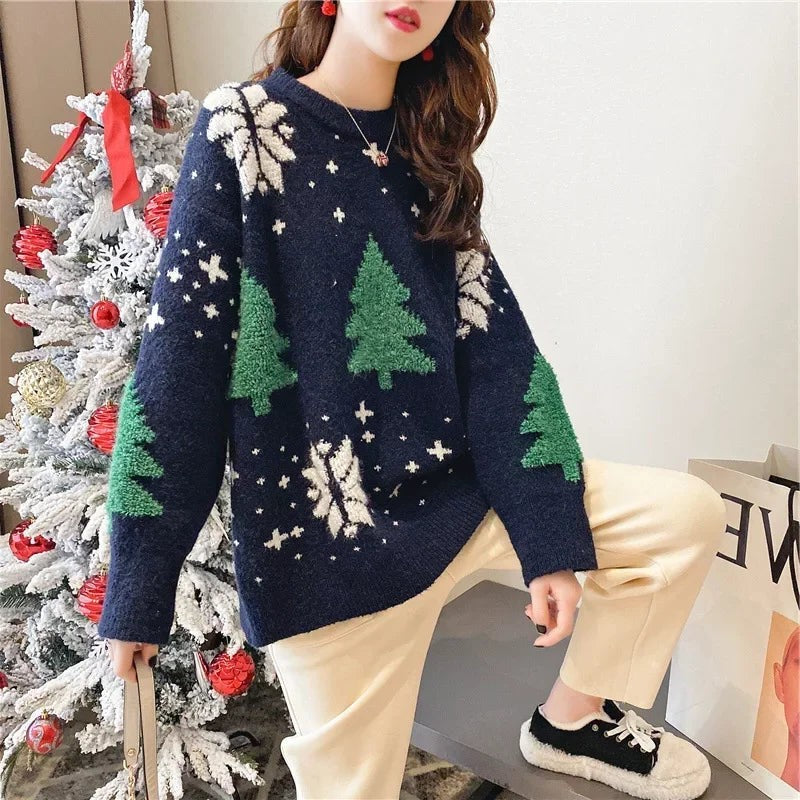 Color Block Winter Knit Sweater with Festive Snowflake Fair Isle Pattern