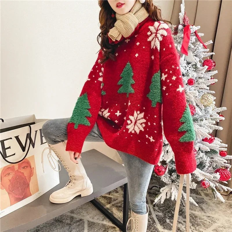 Color Block Winter Knit Sweater with Festive Snowflake Fair Isle Pattern
