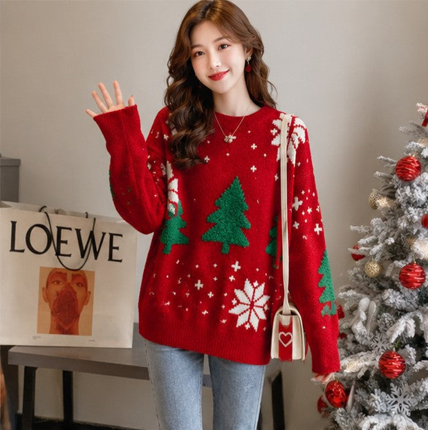 Color Block Winter Knit Sweater with Festive Snowflake Fair Isle Pattern