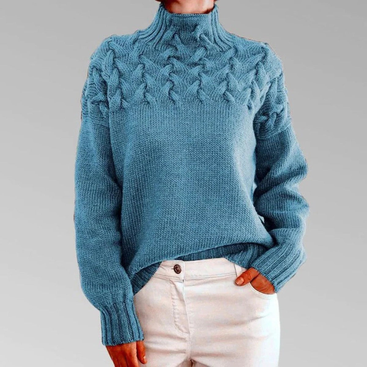 Chunky Cable Knit Pullover Jumper with Fold Over Turtleneck Collar