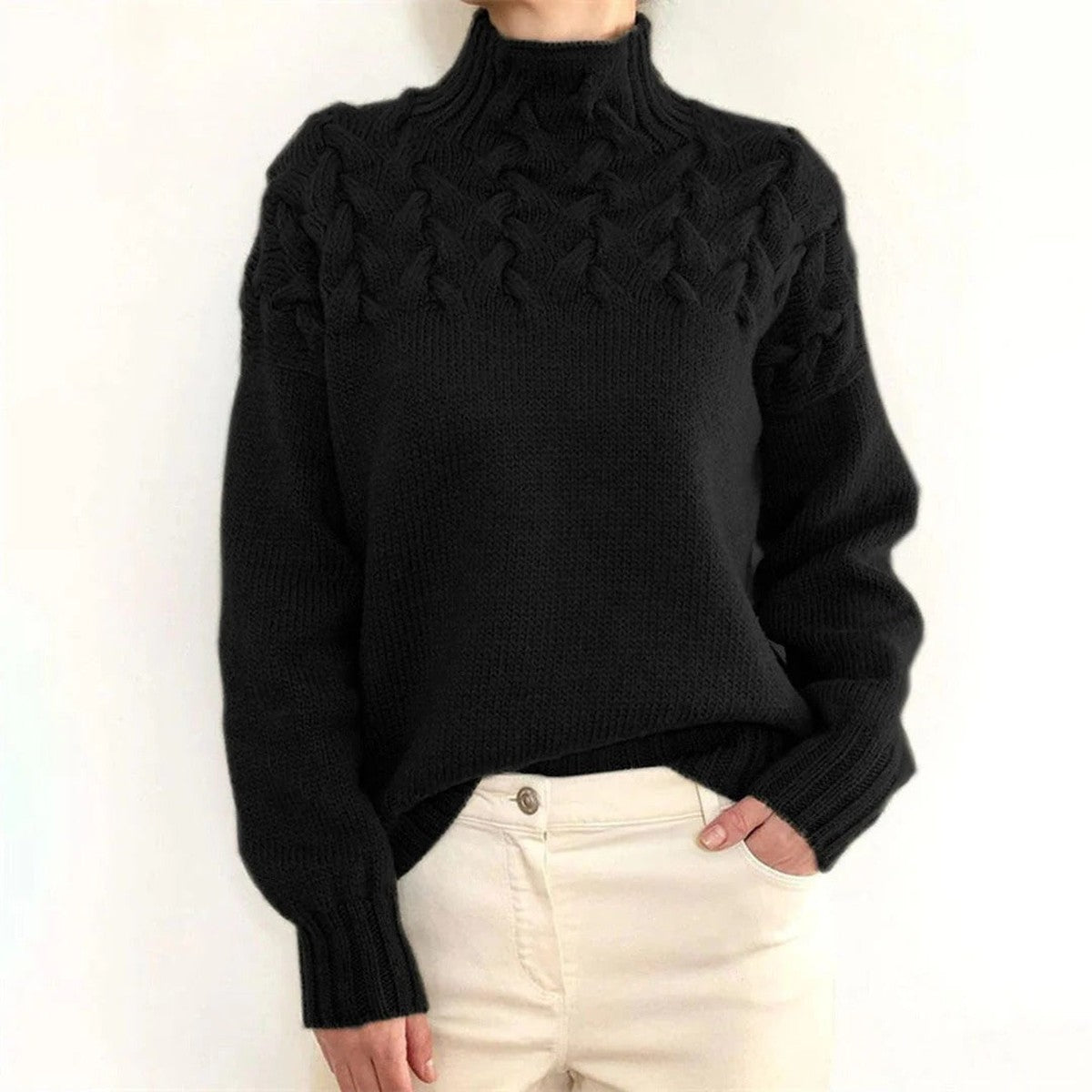 Chunky Cable Knit Pullover Jumper with Fold Over Turtleneck Collar