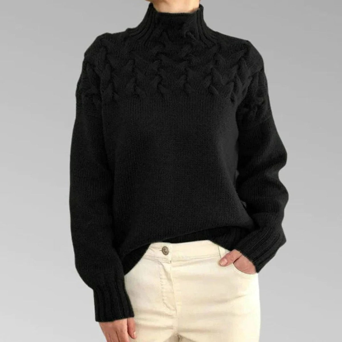 Chunky Cable Knit Pullover Jumper with Fold Over Turtleneck Collar