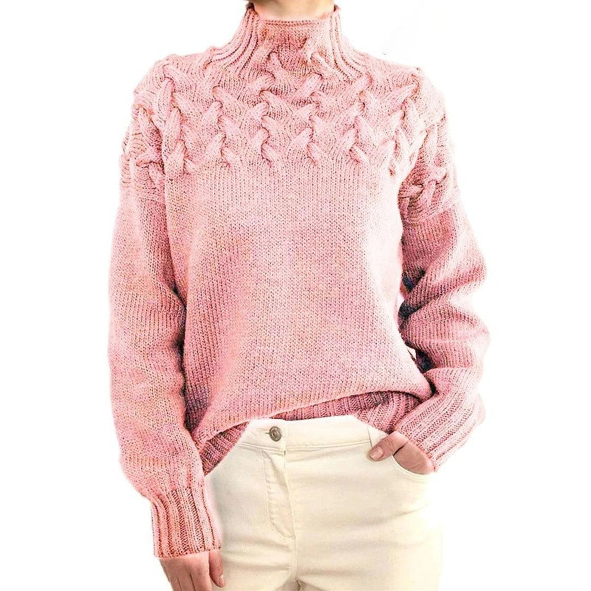 Chunky Cable Knit Pullover Jumper with Fold Over Turtleneck Collar