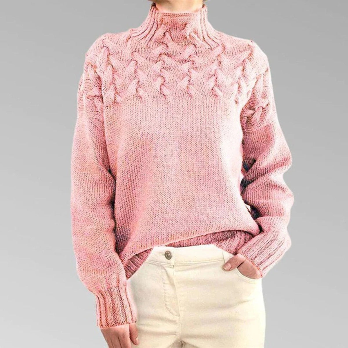 Chunky Cable Knit Pullover Jumper with Fold Over Turtleneck Collar