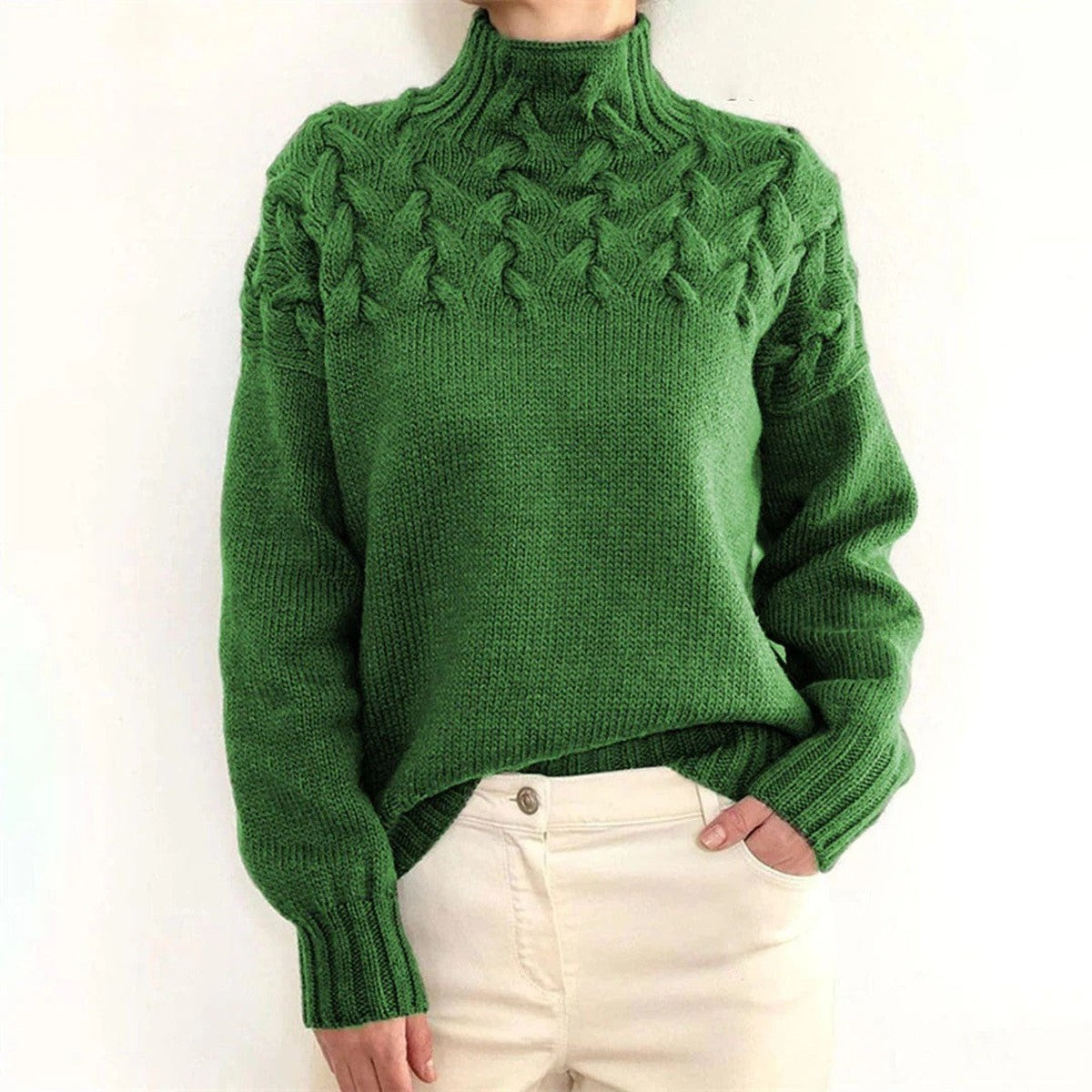Chunky Cable Knit Pullover Jumper with Fold Over Turtleneck Collar