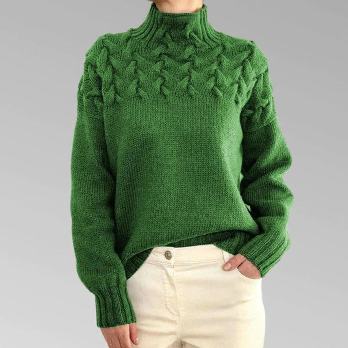 Chunky Cable Knit Pullover Jumper with Fold Over Turtleneck Collar
