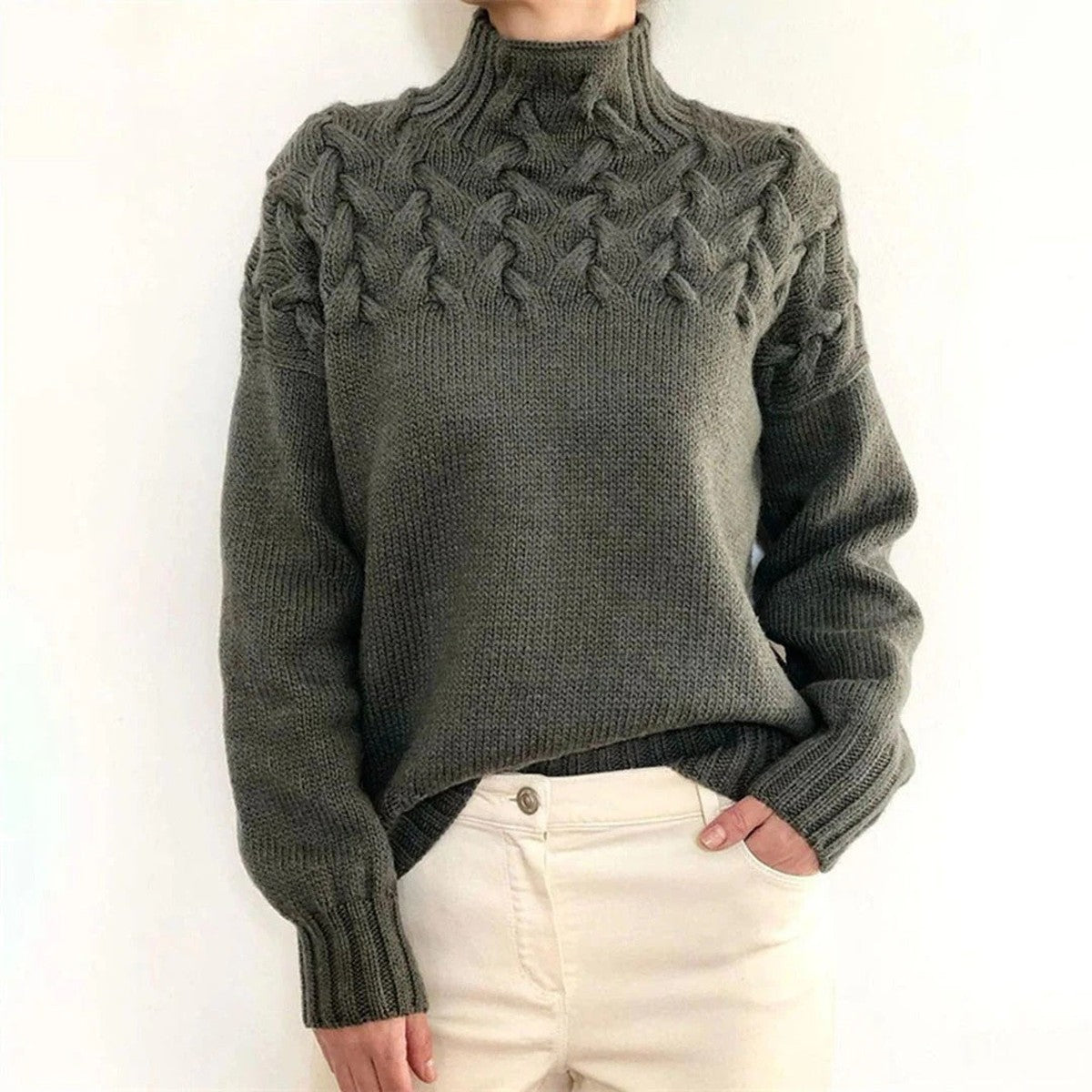 Chunky Cable Knit Pullover Jumper with Fold Over Turtleneck Collar