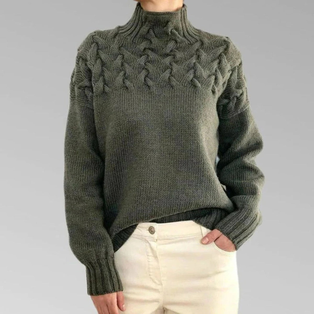 Chunky Cable Knit Pullover Jumper with Fold Over Turtleneck Collar