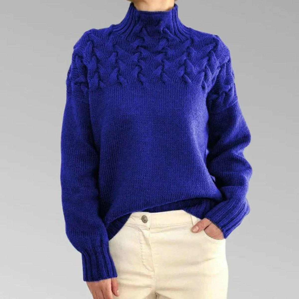 Chunky Cable Knit Pullover Jumper with Fold Over Turtleneck Collar