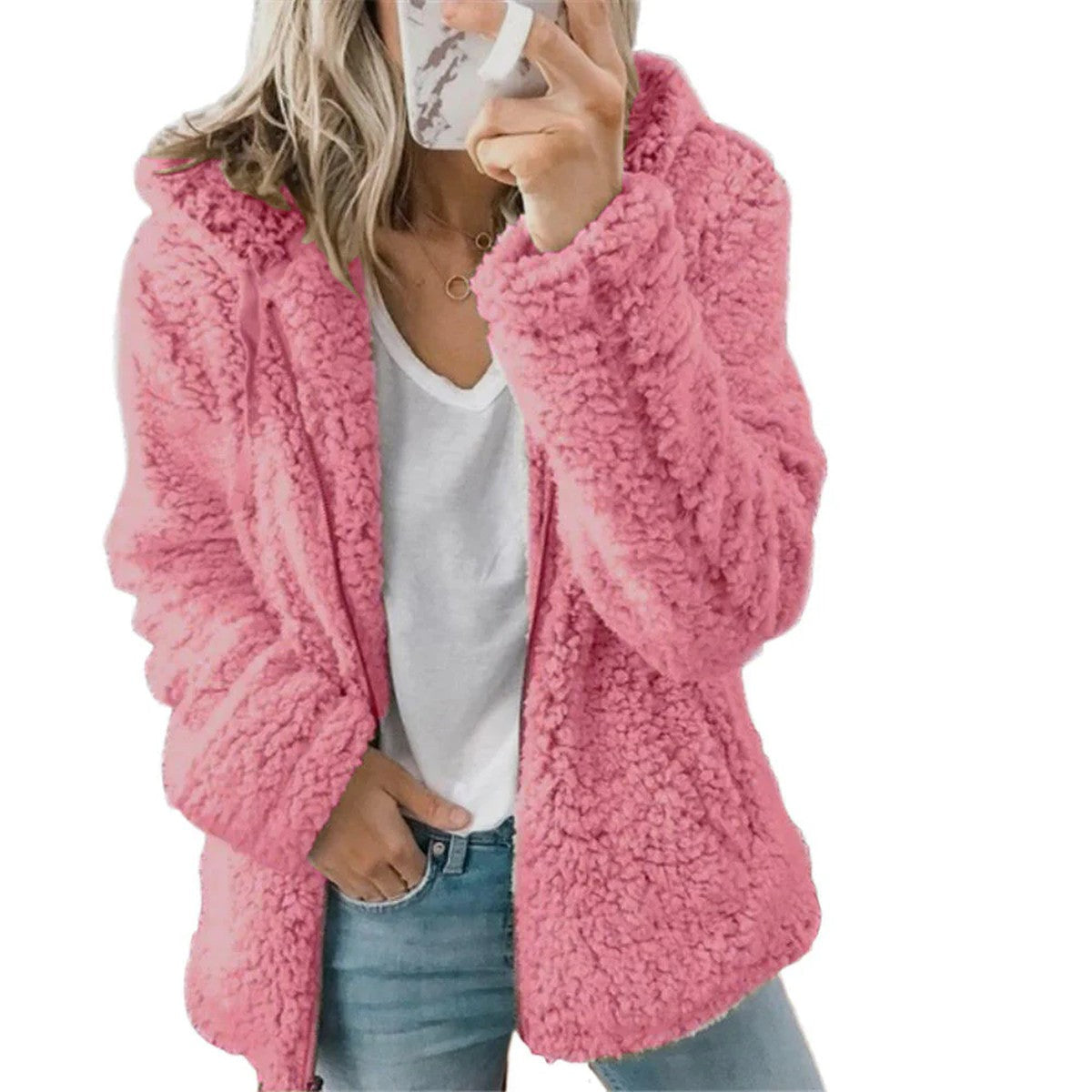 Women Fluffy Hooded Teddy Jacket with Horn Buttons and Front Pockets