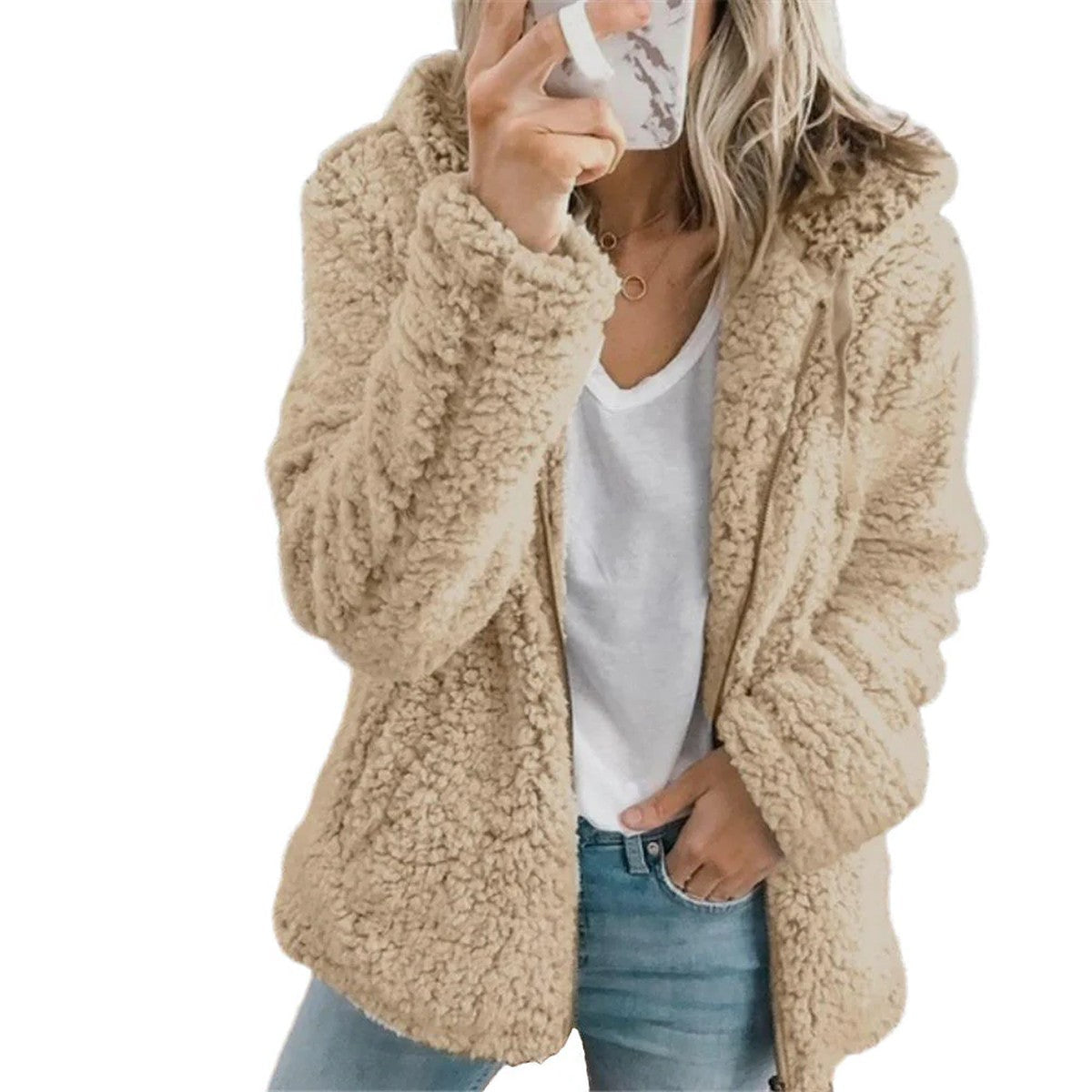 Women Fluffy Hooded Teddy Jacket with Horn Buttons and Front Pockets