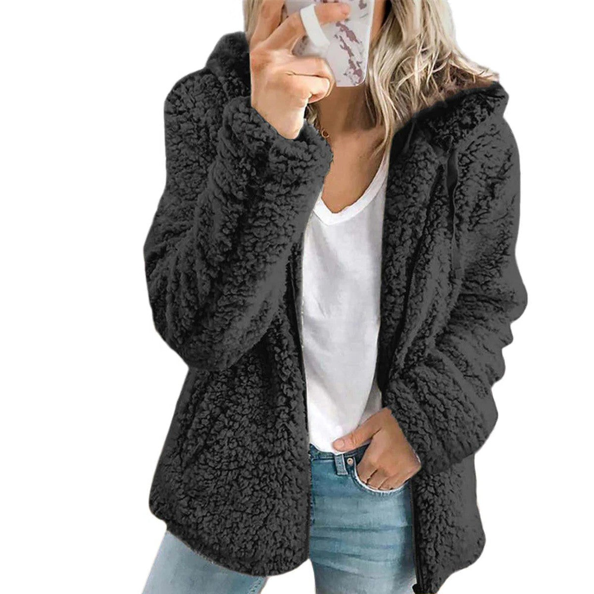 Women Fluffy Hooded Teddy Jacket with Horn Buttons and Front Pockets