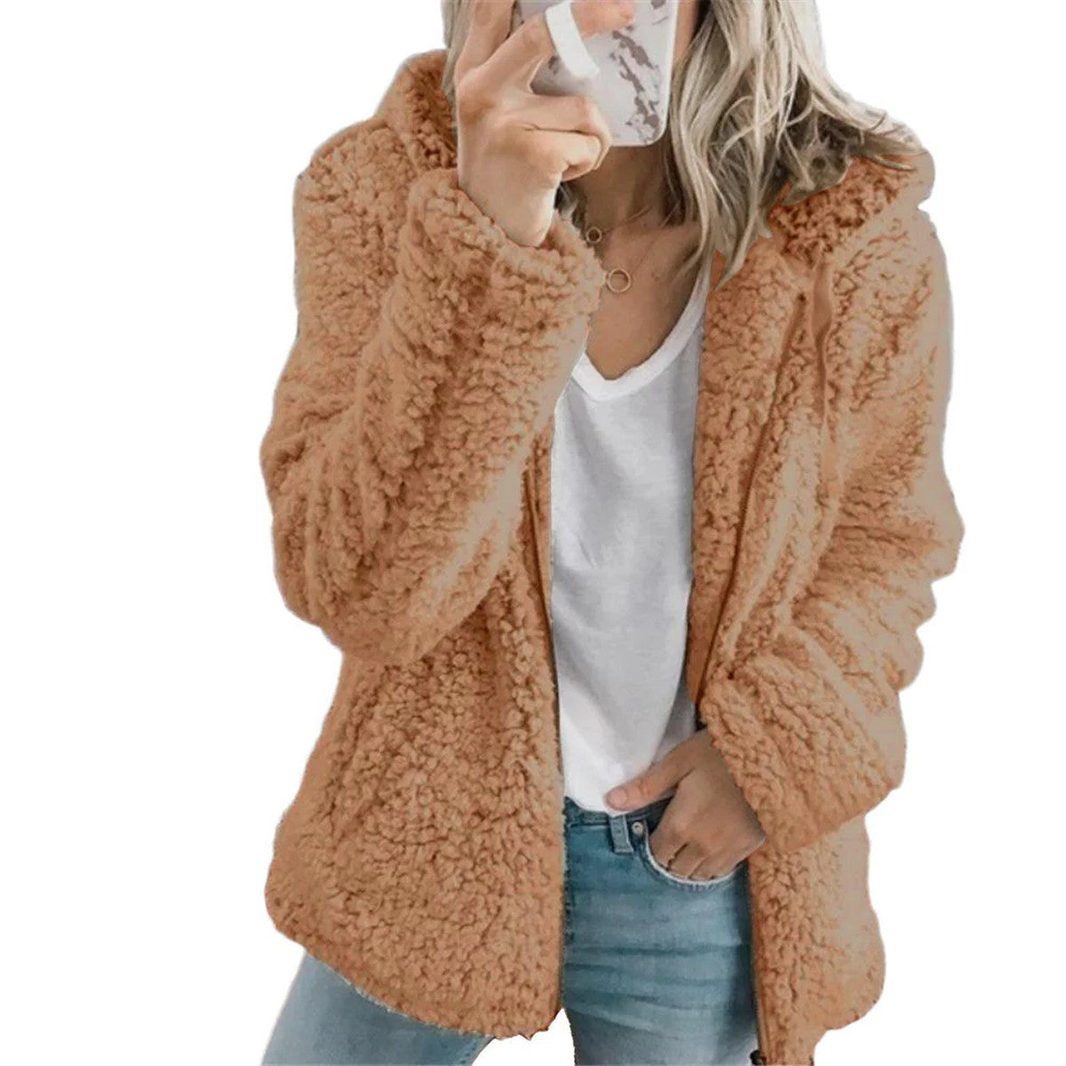 Women Fluffy Hooded Teddy Jacket with Horn Buttons and Front Pockets