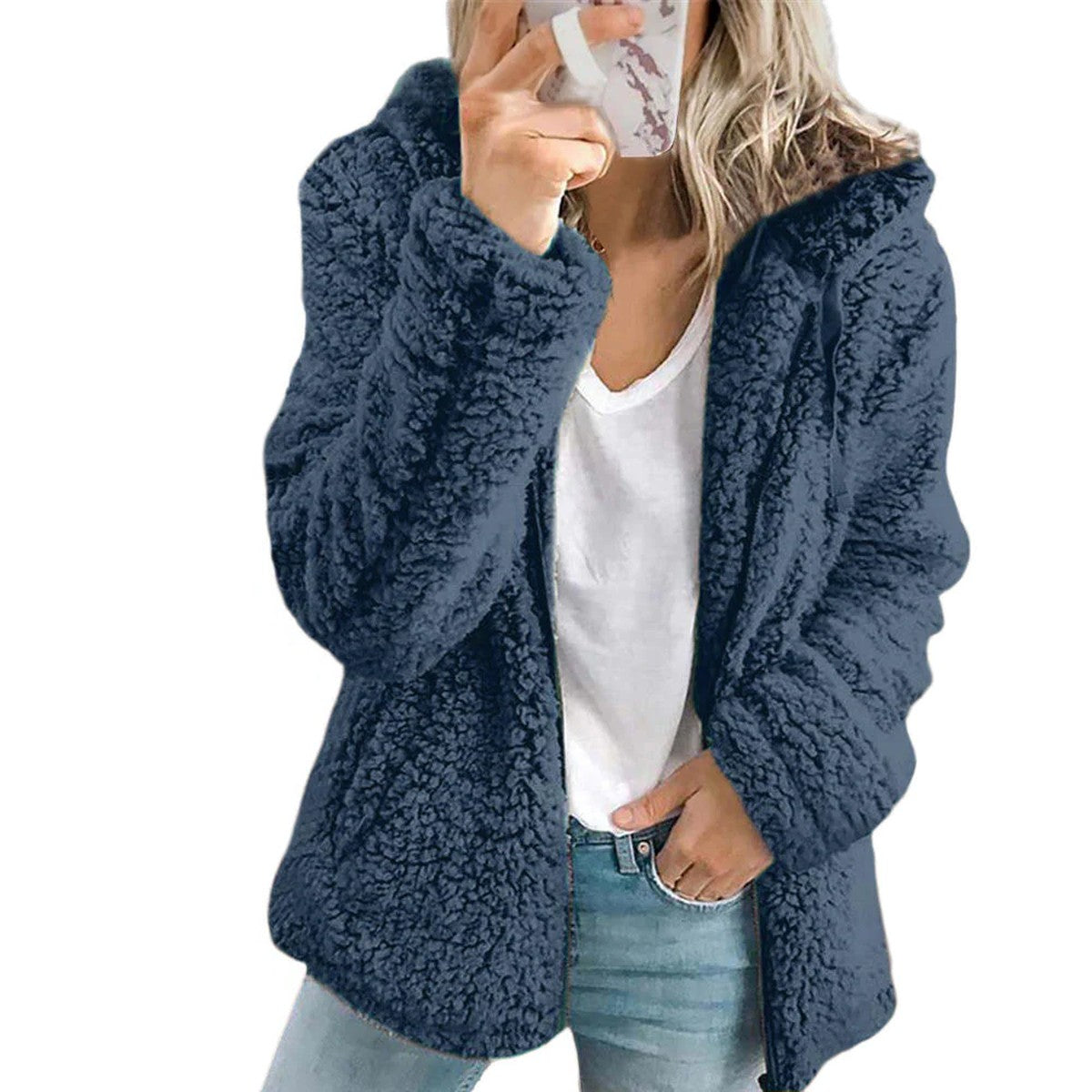 Women Fluffy Hooded Teddy Jacket with Horn Buttons and Front Pockets