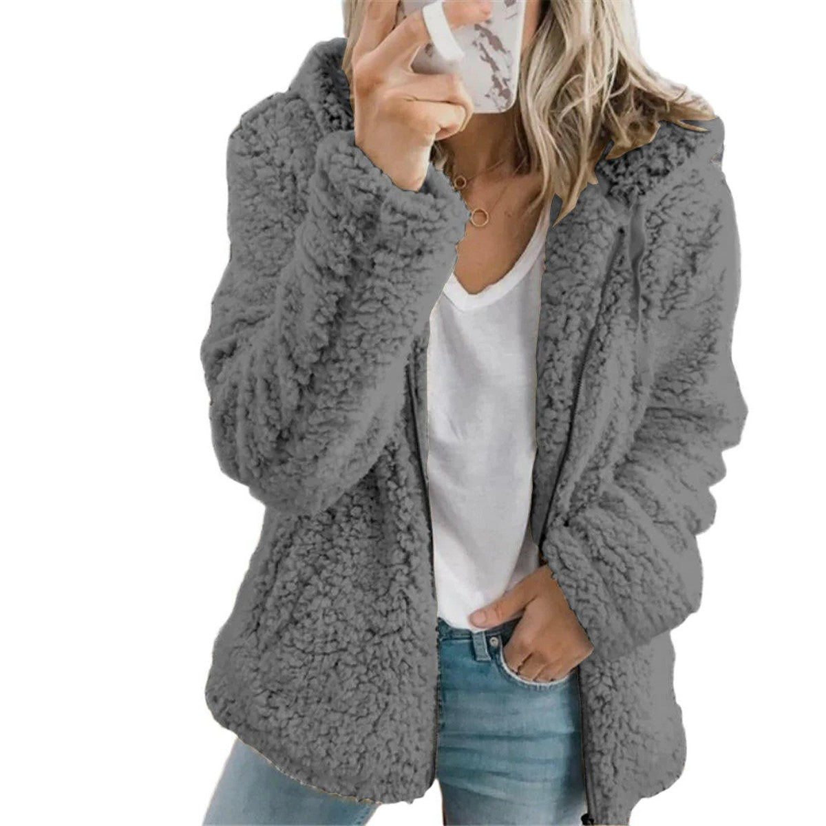 Women Fluffy Hooded Teddy Jacket with Horn Buttons and Front Pockets