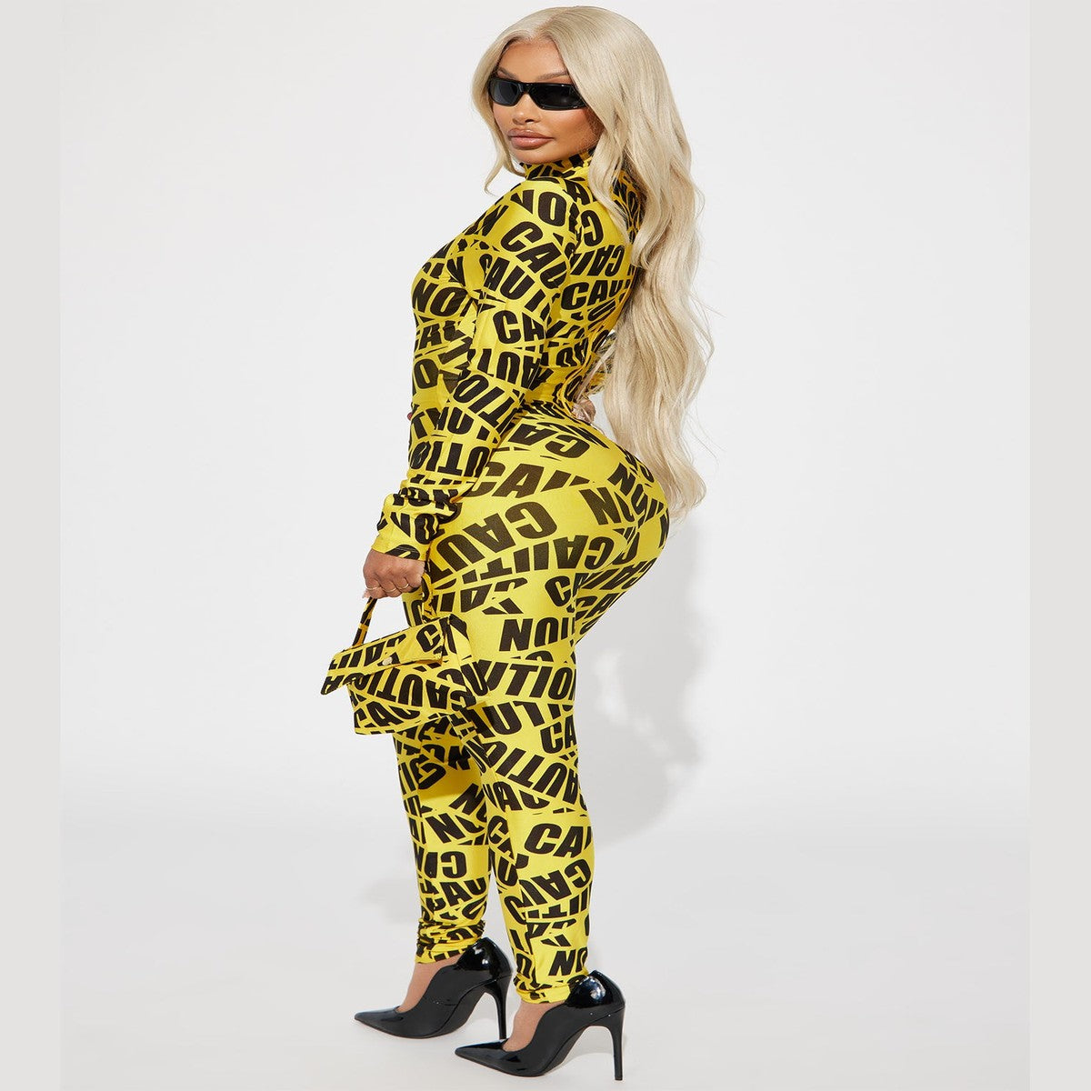 Caution Tape Rave and Halloween Costume with Graphic Straps and Crop Top
